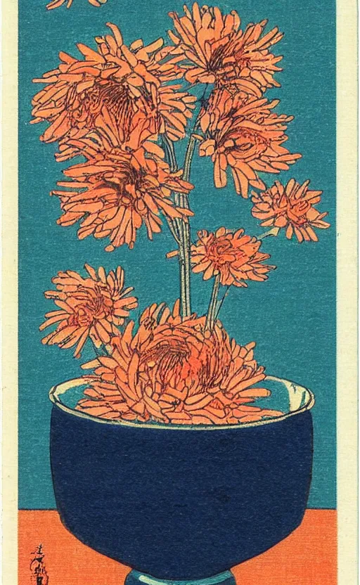 Prompt: by akio watanabe, manga art, a chrysanthemum flower inside a blue sake cup, trading card front