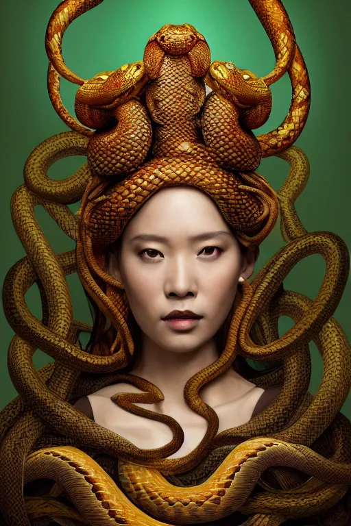 Prompt: a beautiful empress portrait, with a brilliant, impossible striking big Snake headpiece, clothes made of snakes, everything snakes, boa, symmetrical, dramatic studio lighting, rococo, baroque, greens, asian, hyperrealism, closeup, D&D, fantasy, intricate, elegant, highly detailed, digital painting, artstation, octane render, 8k, concept art, matte, sharp focus, illustration, art by Artgerm and Greg Rutkowski and Alphonse Mucha