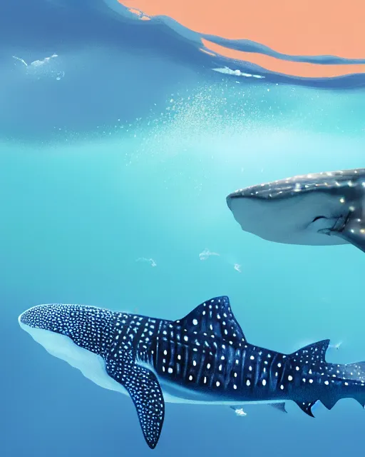 Prompt: a lot of whale sharks swimming with redhead girl, radiant lighting, cinematic, artstation