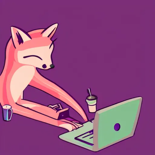 Image similar to Vixus is a light-pink anthropomorphic fox with purple hair and pierced ears. She is hacking a computer. A cup of steaming coffee sits on her desk. Side perspective. Digital art.