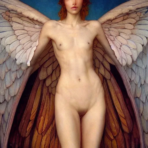 Image similar to epic masterpiece full body portrait a beautiful female angel, flawless skin, perfect body, perfectly formed wings, by Edgar Maxence and Ross Tran and Michael Whelan