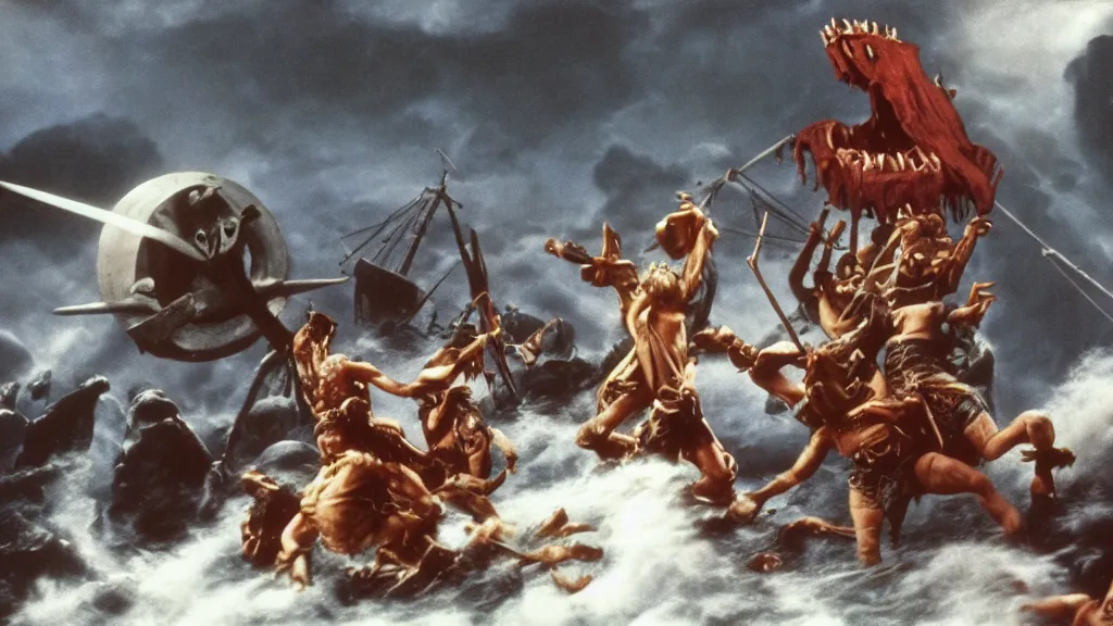 Image similar to still from a stop motion animated movie about a giant cyclops attacking a pirate ship by ray harryhausen, nineteen seventy five, cinematic lighting, ultra realistic, panavision, wide screen, saturated color, seventies cinema, vintage, sword and sorcery