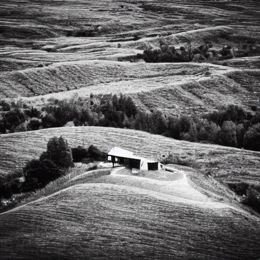 Prompt: “Black and white image of a house on top of a hill”