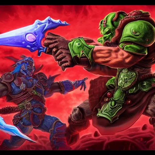 Image similar to link and ganon battle in hell in the style of doom eternal ed binkley