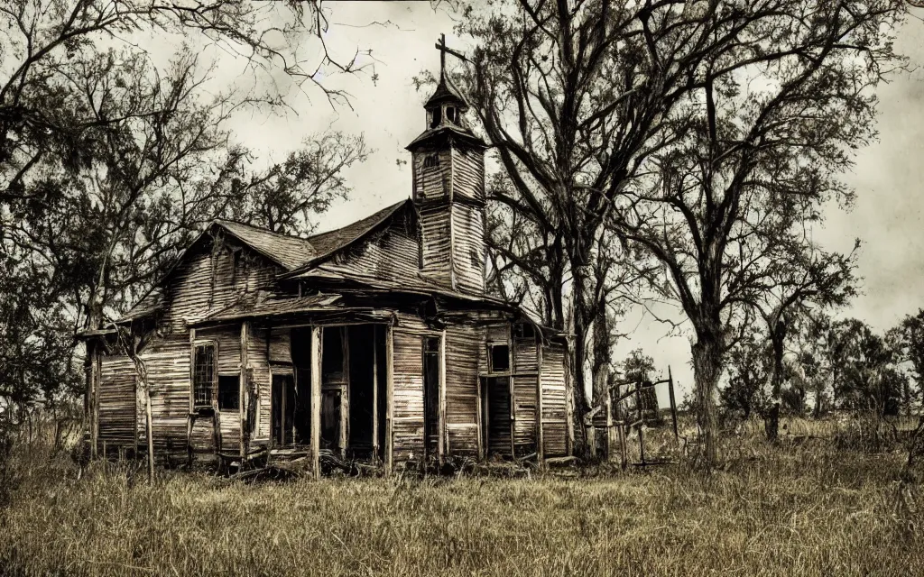 Image similar to an old wooden church rotting away in the bayou, realistic, old color photograph, dynamic composition, creepy