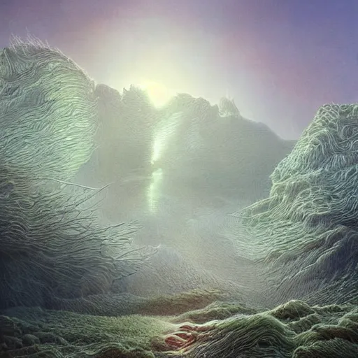 Image similar to artistic digital artwork of an epic natural scene on an alien planet. beautiful landscape by vincent bons, michael whelan, remedios varo and gerardo dottori. grainy and rough. interesting pastel colour palette. beautiful light. oil and water colour based on high quality render.