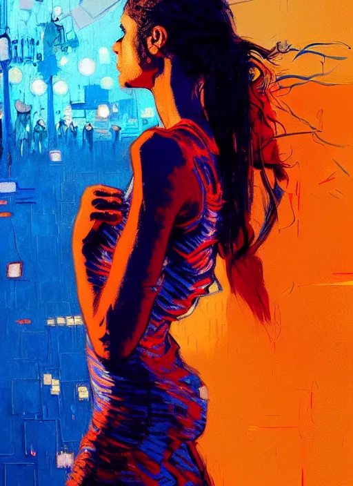 Image similar to portrait of beautiful girl, dancing, ecstatic, ibiza night club, sunset, shades of orange and blue, beautiful face, rule of thirds, intricate outfit, spotlight, by greg rutkowski, by jeremy mann, by francoise nielly, by van gogh, digital painting