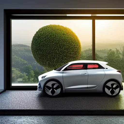 Prompt: a small miniature of a Hyundai N vision 74 on a white table near a vase with a plant near a window at sunset, concept car, 3d render, unreal engine 5, octane render, 4k, low contrast, ray tracing, serene landscape, calm, relaxing, beautiful landscape, highly detailed, high quality, product photo, hyperrealistic, concept art, symmetrical, centered, godrays