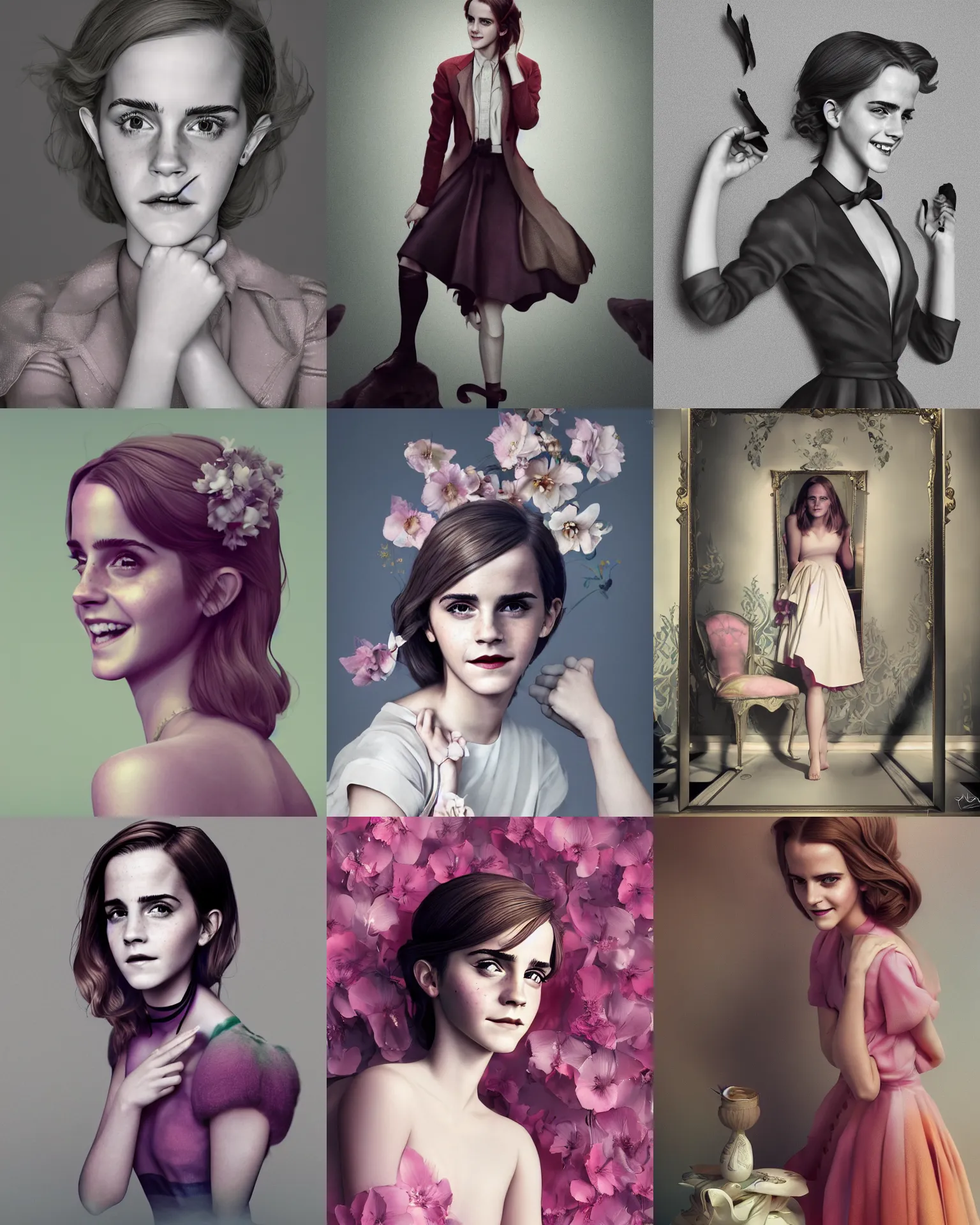 Prompt: beautiful full body Emma Watson smiling, Cecil Beaton, Irving Penn, Photolab, Lightroom, 4K, Dolby Vision, Photography Award, photograph by lois van baarle, loish and ross tran and rossdraws, and sam yang and samdoesarts and artgerm, 3D unreal 5, DAZ, hyperrealistic, octane render, cgsociety,
