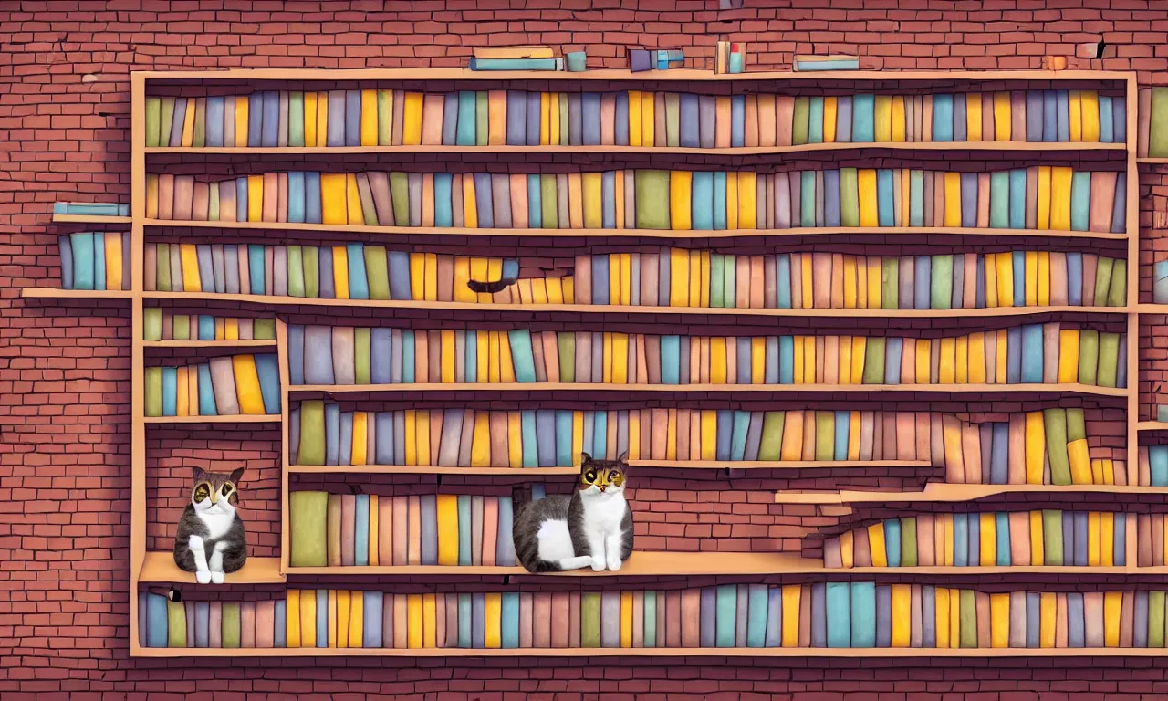 Prompt: bookshelf with a cat, brick streets, ancient manuscripts, nordic pastel colors, 3 d art, digital illustration, perfect lighting