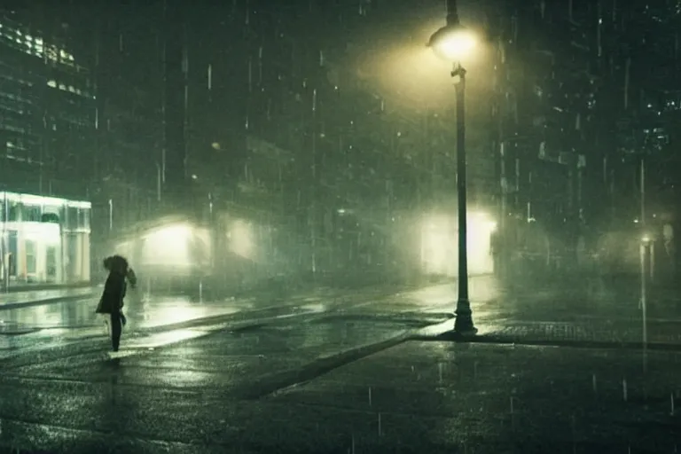 Image similar to vfx beautiful black woman photo real, sci-fi city street night lighting, rain and fog by Emmanuel Lubezki