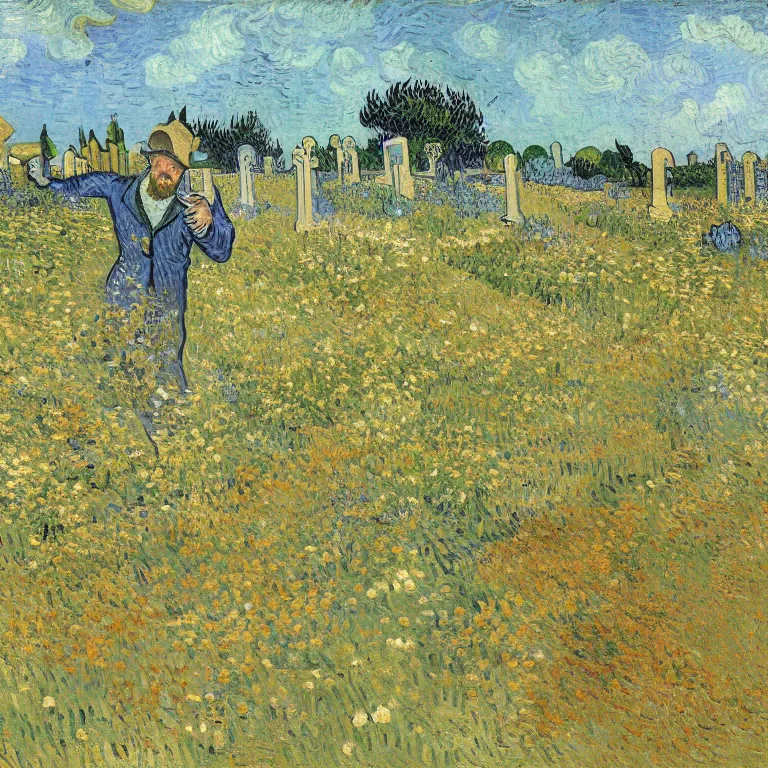Image similar to Portrait of a drunk man in a cemetery full of flowers. Joy of Life. Painting by Vincent van Gogh.