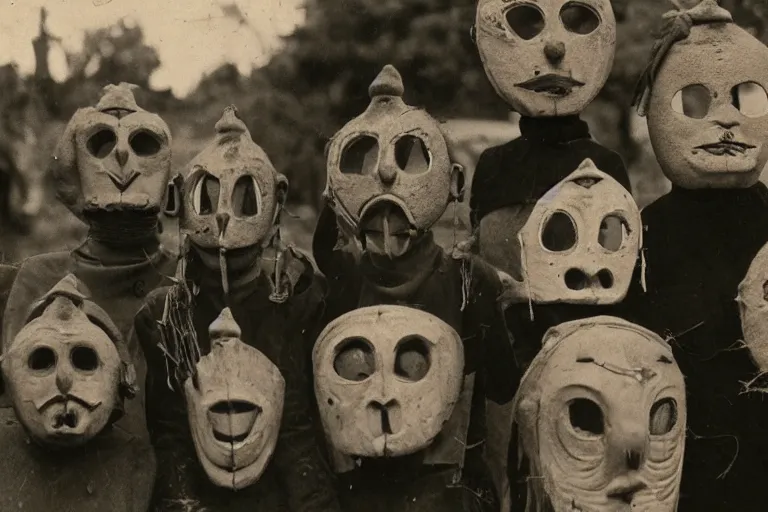 Prompt: vintage photo of villagers wearing weird masks, eerie, bizarre, highly detailed shot, dramatic 8 k uhd