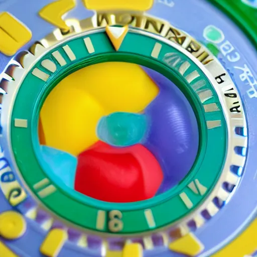 Image similar to Rolex Datejust baby toy made of colorful plastic by Fisher Price, close up, photo