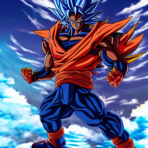Image similar to Full body anime portrait of Goku fused with Godzilla from Dragon Ball Z, detailed, artstation, by Kyoto Animation and Studio Ghibli and GAINAX