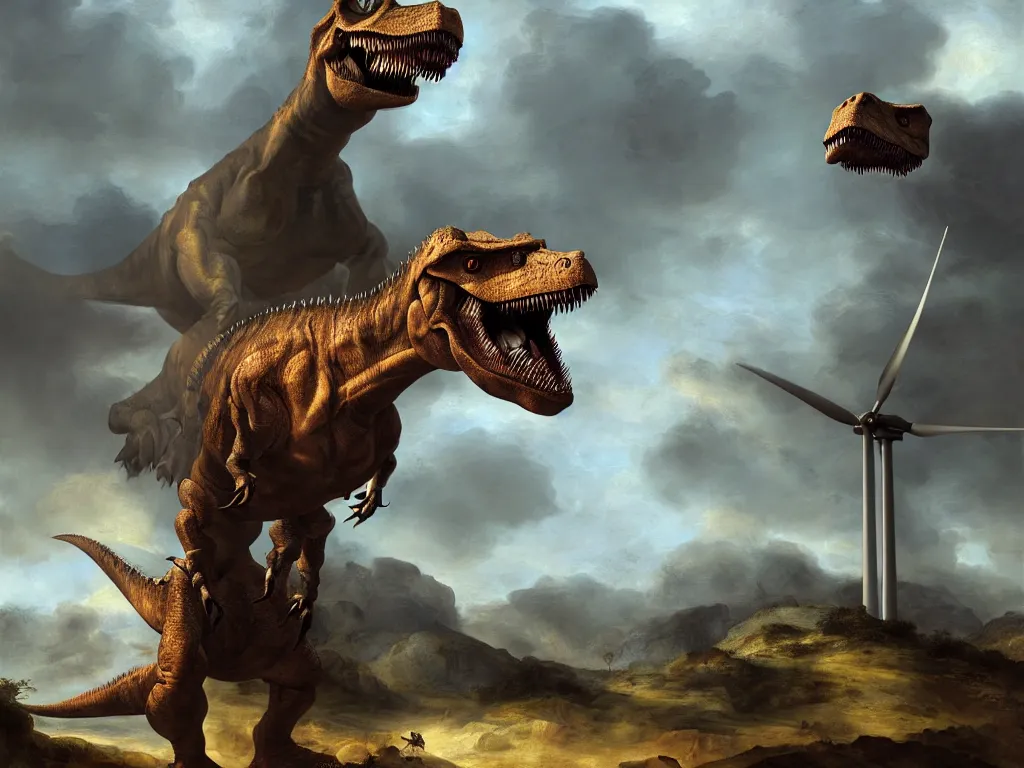 Prompt: portrait of a dinosaur warrior attacking a wind turbine, digital art, highly detailed, stunning scene, realism, bright colors, trending on artstation, masterpiece, by rembrandt and carel fabritius