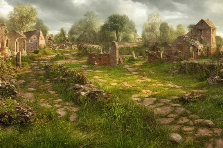 Prompt: a grass land and ruins and small bustling fixed luminously fun village and tan gravel pathways and joyful people in the 1 9 0 0 s, 4 k, 8 k, photorealistic landscape, landscape imagery, 4 k luminous lighting, volumetric lighting,