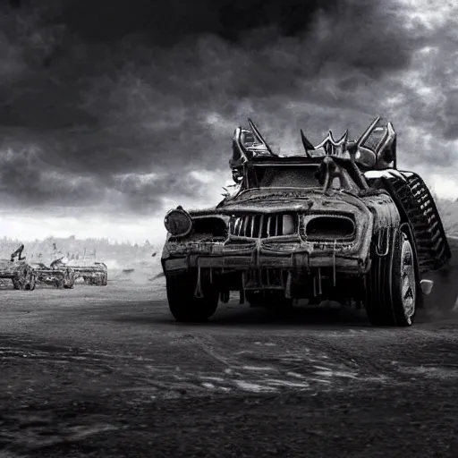 Image similar to ultra realist 3d soft paint of a gothic four wheel vehicle fully armored, MadMax, action sequence, symmetry accurate features, very intricate details, ominous sky, black and white, volumetric light clouds, post apocalyptic background