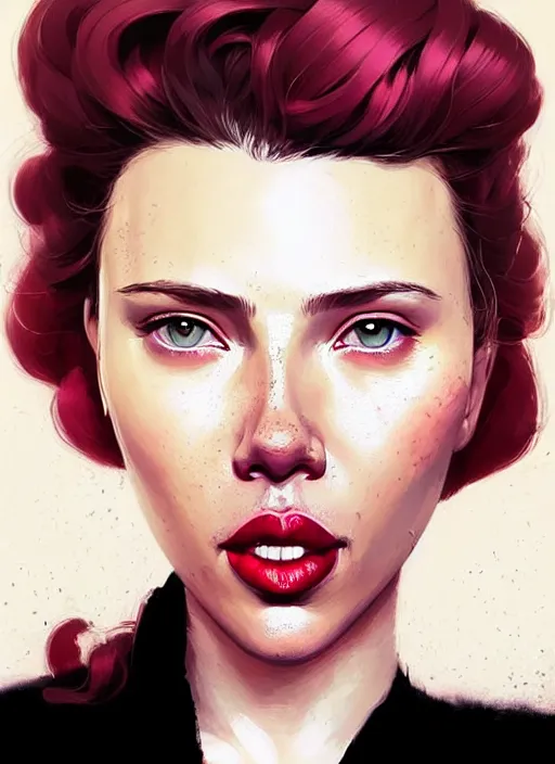 Image similar to highly detailed portrait of scarlett johanson with scarlet lips making a pogchamp face, poggers, photographic realistic background, ringlet hair by atey ghailan, by greg rutkowski, by greg tocchini, by james gilleard, by joe fenton, by kaethe butcher, gradient pink, black, cream and white color scheme, trending in instagram, award winning details