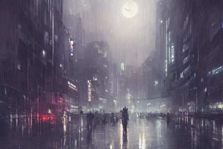 Image similar to a dystopian city at night, heavy rain, by wlop, high quality