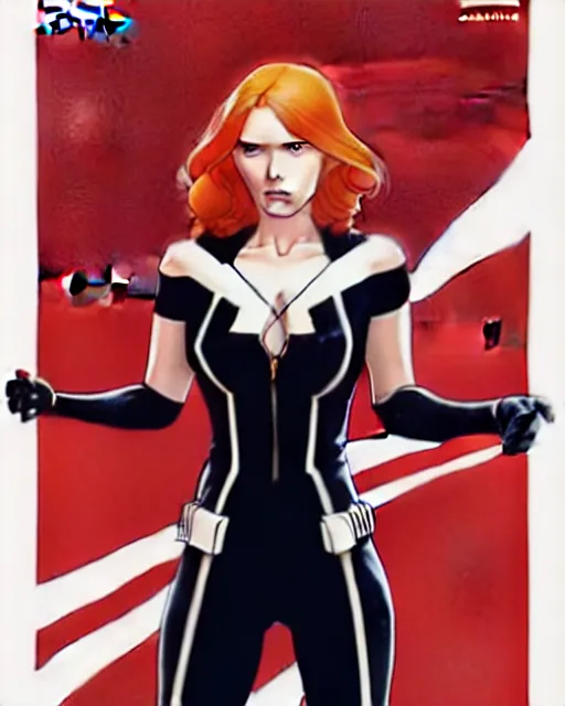 Image similar to phil noto comicbook cover art, black widow marvel, symmetrical eyes, long red hair, full body, city rooftop