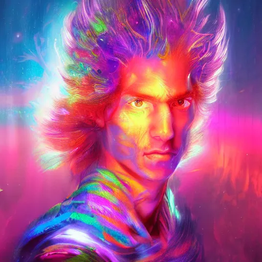 Image similar to a psychedelic young godlike humanoid, hyper detailed, in the style of greg rutkowski and ruan jia and bob ross and lisa frank, selfie