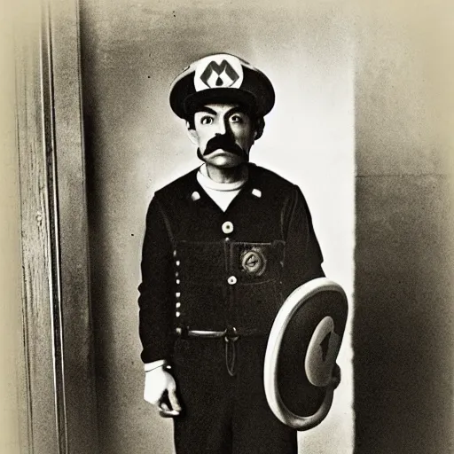 Image similar to Nintendo's Mario dressed as a plumber at the Ellis Island immigration office happily acquiring his citizenship, daguerreotype portrait