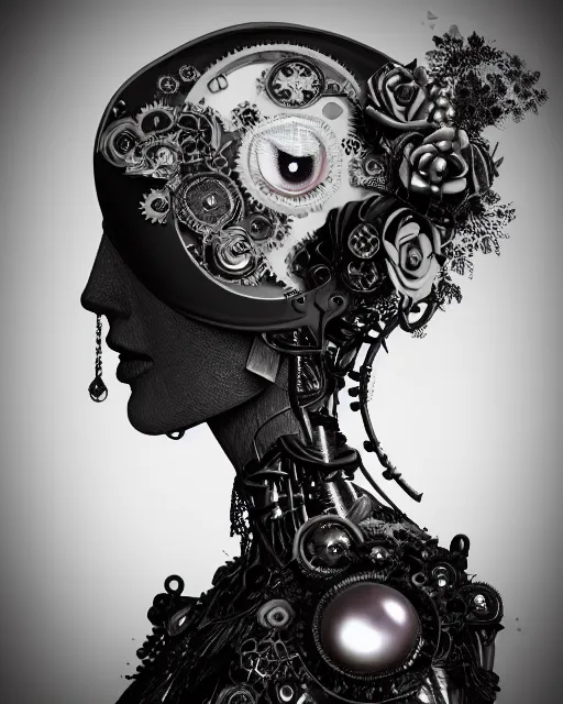 Image similar to black and white dreamy foggy smoky profile face portrait, one silver steampunk eye biomechanical beautiful young female cyclope - cyborg - robot bust, body ribs meshes,, volumetric light, hibiscus flowers, by hg giger, rim light, by dora maar and cecile beaton, big gothic fashion pearl embroidered collar, 8 k