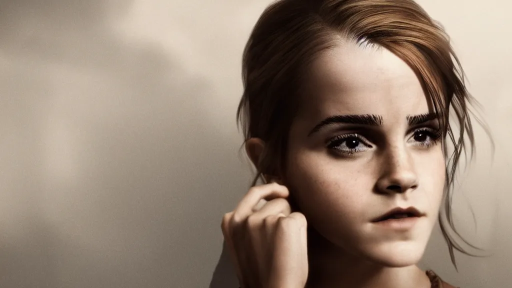 Image similar to a photorealistic dramatic emma watson looking into a broken mirror, ultra realistic details, glossy surface, global illumination, shadows, dark background, octane render, 8 k