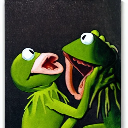 Prompt: painting of “Kermit the Frog Devouring His Son” by Francisco Goya, fresco, horror