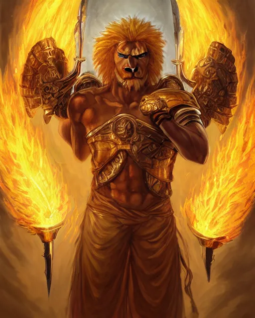 Prompt: mtg character portrait of a brawny male leonin warrior african lion angel of justice, with fiery golden wings of flame, wearing shining armor, wielding a flaming sword and holding a large fiery shield, by peter mohrbacher, mark brooks, wadim kashin, greg rutkowski, larry elmore, esao andrews, george pemba, ernie barnes, trending on artstation