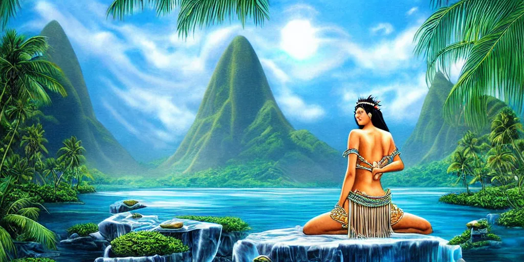 Prompt: polynesian peace goddess, crystal clear lemuria sunken architectural marvels, crisp realistic fantasy art painting