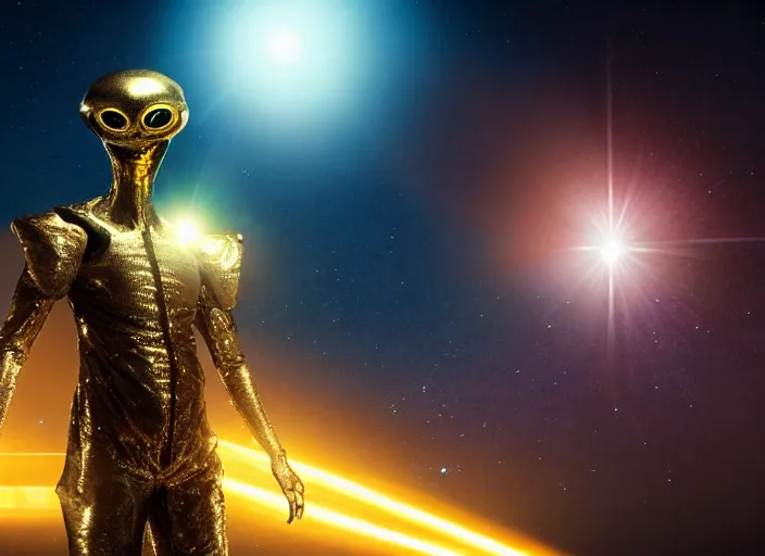 Prompt: closeup of an alien with beautiful glowing eyes emitting smoky energy, beautiful strange face and skin, wearing a long flowing cloth shirt over stylish large futuristic golden armor suit walking to an outpost with tall buildings and lights in the background, night sky with stars, beautiful colorful, incredible detail, anamorphic 1 1 mm lens cinematic flare