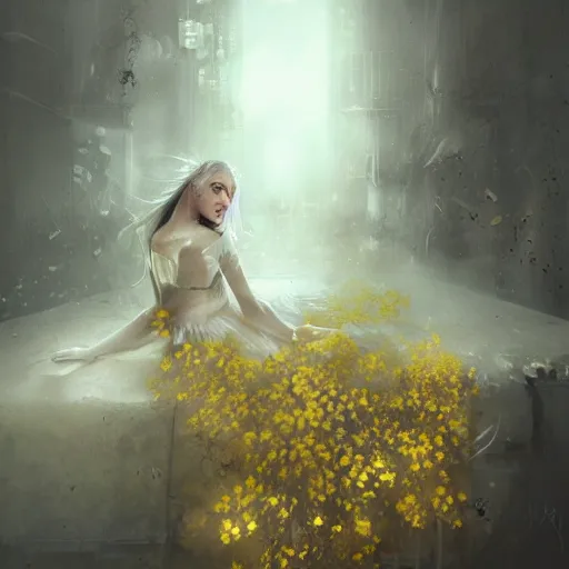 Image similar to a woman in a white dress with yellow flowers on her body, cyberpunk art by bastien lecouffe - deharme, trending on cgsociety, fantasy art, dystopian art, apocalypse art, rococo