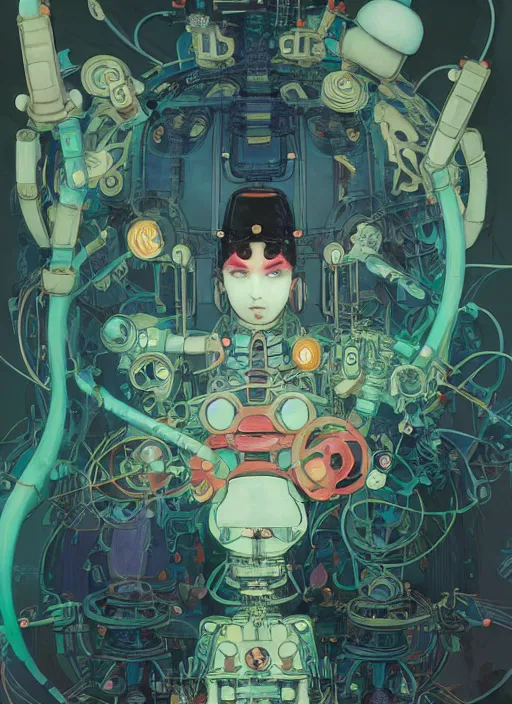 Image similar to an art nouveau kawaii gouache painting, by yoshitaka amano, by Victo Ngai, by shaun tan, by good smile company, detailed anime 3D render of an attractive male modular mechanical android, portrait, cgsociety, by Peter Mohrbacher, modular mechanical costume and headpiece, futuristic setting, gel lighting neon glow