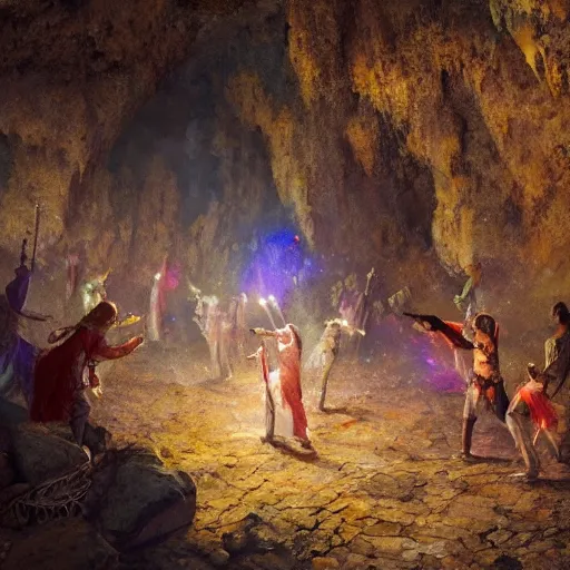 Image similar to medieval people dancing in a cave, there are colorful crystals on the ceiling and on the ground, by greg rutkowski, 4k, very detailed