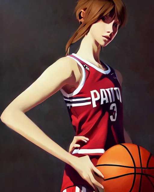 Image similar to A ultradetailed beautiful panting of a stylish girl wearing a basketball jersey, she is holding a basketball, Oil painting, by Ilya Kuvshinov, Greg Rutkowski and Makoto Shinkai