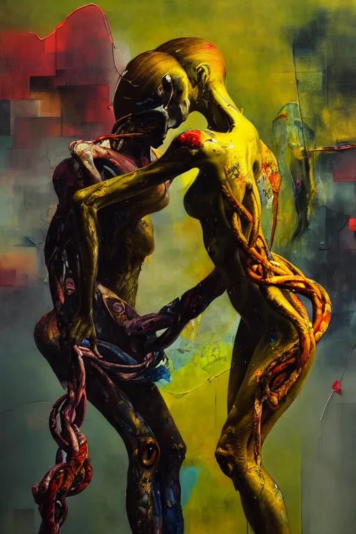 Image similar to a strange biomorphic painting of two humanoid figures entwined as one being, in the style of adrian ghenie in the style of charlie immer, part by gerhard richter, highly detailed, dramatic, emotionally evoking, head in focus, volumetric lighting, oil painting, masterpiece, octane render