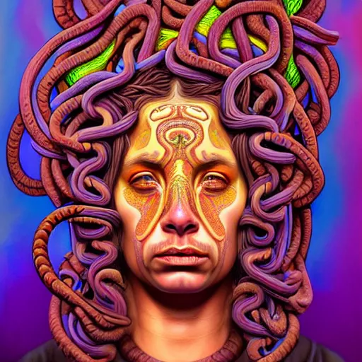 Image similar to an extremely psychedelic portrait of medusa as joe rogan, surreal, lsd, face, detailed, intricate, elegant, lithe, highly detailed, digital painting, artstation, concept art, smooth, sharp focus, illustration