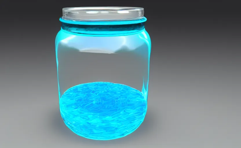 Prompt: a jar with bright cyan blue liquid in it, glowing, high detail, unreal engine