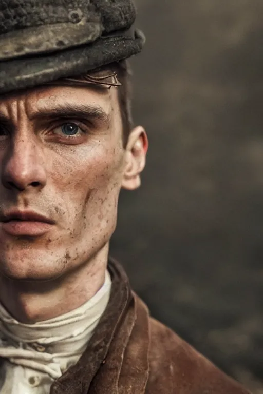 Image similar to a portait photo of Thomas Shelby in a battlefield, epic image, path tracing, complementary colours, high quality, 4k HDR, dramatic lighting, cinematic, highly detailed, high coherence, dedined face, anatomically correct, five fingers, war, cold environment