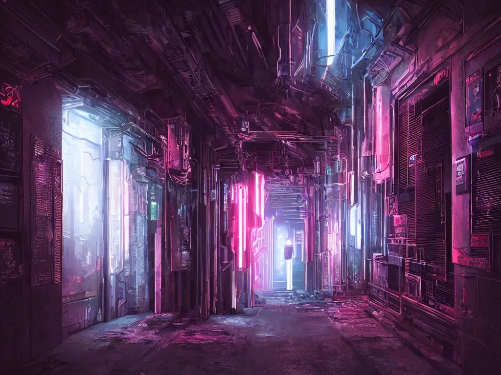 Image similar to a door at the end of a long dark corridor, cyberpunk city, futuristic, neon, intricate details