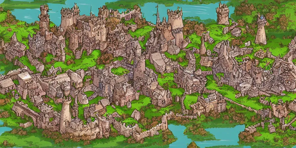 Prompt: a high detailed fantasy castle vector art an aerial view of a cartoonish rpg village by dungeondraft, dofus, patreon content, hd, straight lines, vector, grid, dnd map, map patreon, fantasy maps, foundry vtt, fantasy grounds, aerial view, dungeondraft, tabletop, inkarnate, dugeondraft, roll 2 0