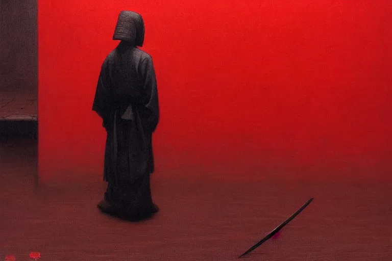 Image similar to only with red, a red samurai harakiri, tokio, a lot of frogs watch, in the style of beksinski, parts by edward hopper, parts by rodcenko, parts by yue minjun, intricate and epic composition, red by caravaggio, insanely quality, highly detailed, masterpiece, red light, artstation, 4 k