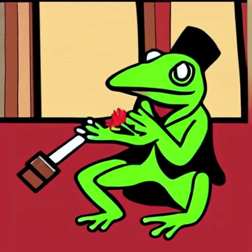 Image similar to a frog 🐸 wearing a suit smoking a cigar