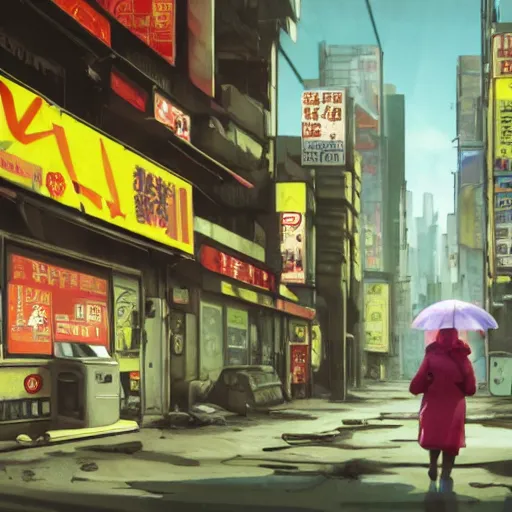 Image similar to incredible wide screenshot, ultrawide, simple watercolor, rough paper texture, ghost in the shell movie scene, backlit distant shot of girl in a parka running from a giant robot invasion side view, yellow parasol in deserted dusty shinjuku junk town, broken vending machines, bold graphic graffiti, old pawn shop, bright sun bleached ground, mud, fog, dust, windy, scary robot monster lurks in the background, ghost mask, teeth, animatronic, black smoke, pale beige sky, junk tv, texture, brown mud, dust, tangled overhead wires, telephone pole, dusty, dry, pencil marks, genius party,shinjuku, koji morimoto, katsuya terada, masamune shirow, tatsuyuki tanaka hd, 4k, remaster, dynamic camera angle, deep 3 point perspective, fish eye, dynamic scene