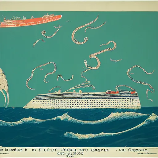 Image similar to A giant squid destroying a cruise ship in the middle of the ocean, by Andy Warhol