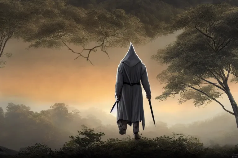 Prompt: Gandalf the grey with his hood walking through the forest with his cane during a beautiful sunset, jungle mountains in the background with huge incredibly immense trees, highly detailed, trending on art station, flying birds in the distance, ancient forest like fanal forest or fangorn forest, misty forest, realistic painting, sharp image, jurassic image, hyper realistic art, highly detailed leaves, cinematic