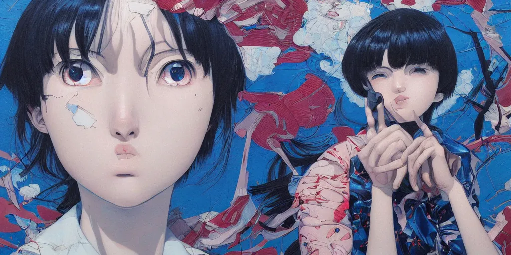 Image similar to perfect blue oil painting art by james jean and katsuhiro otomo and erik jones, inspired by akira anime, smooth face feature, intricate oil painting, high detail illustration, sharp high detail, manga and anime 1 9 9 9