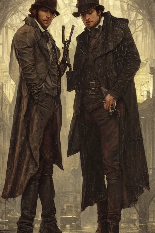 Image similar to a detailed matte portrait of jensen ackles and jared padalecki in a supernatural sherlock holmes story, 1 8 th century london in the rain, city streets, ominous, masterpiece, 8 k, art by alphonse mucha and greg rutkowski